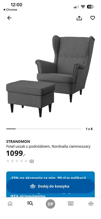 Fotel uszak Ikea Strandmon ciemnoszary + podnóżek