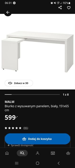 ikea białe biurko malm z wysuwanym panelem