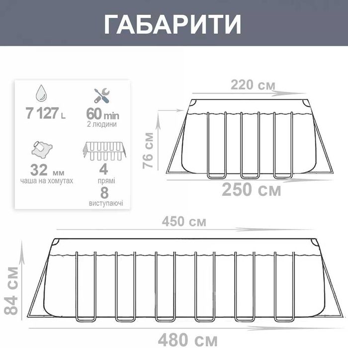 Каркасний басейн Intex 28273 (84*220*450 см., об'єм: 7127 л.,
