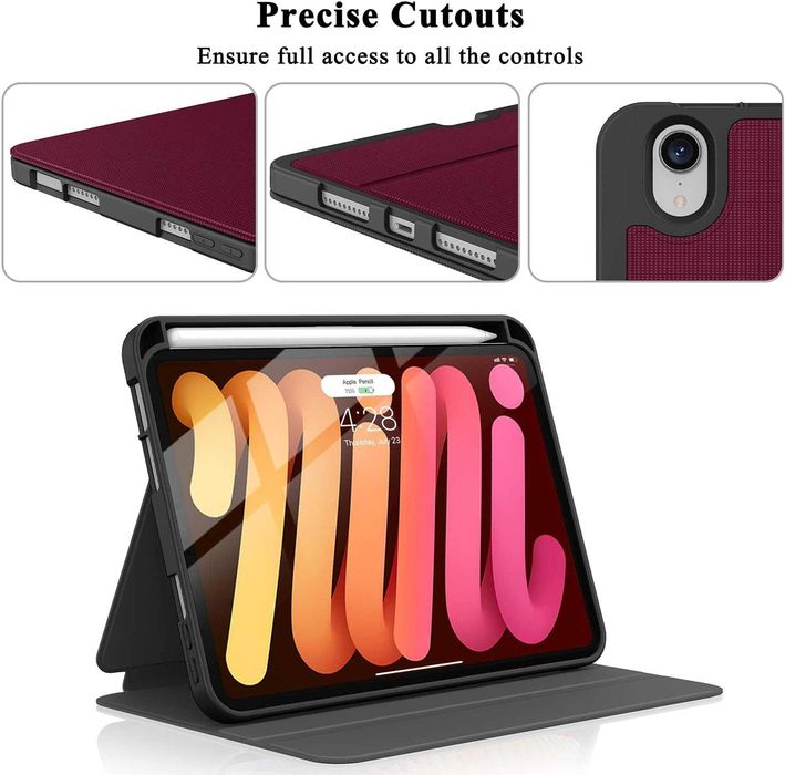 Nowe etui do iPad Mini 7 8,3 cala, bordowe, stojak, miejsce na Pencil