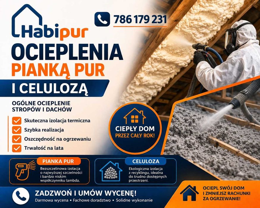 Pianka pur Izolacje wdmuchiwane wełną celulozą . Najniższa cena