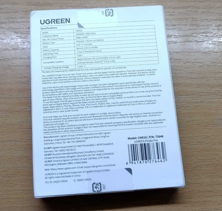Умный брелок UGREEN CM916 Finder Pro Apple Find My и Google Find Hub.