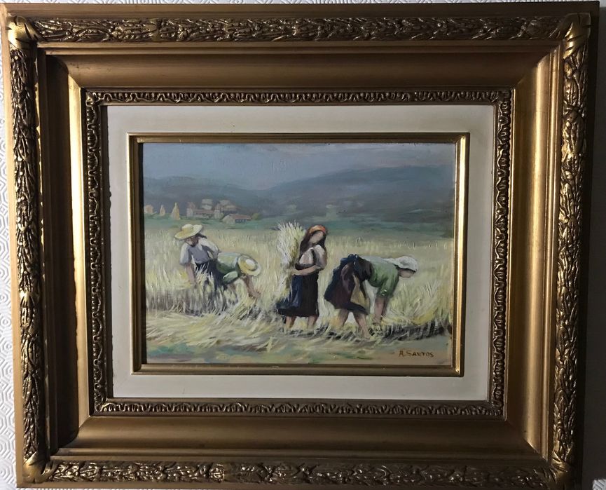 Ceifeiras pintura em tela de Alfredo Santos com moldura talha dourada