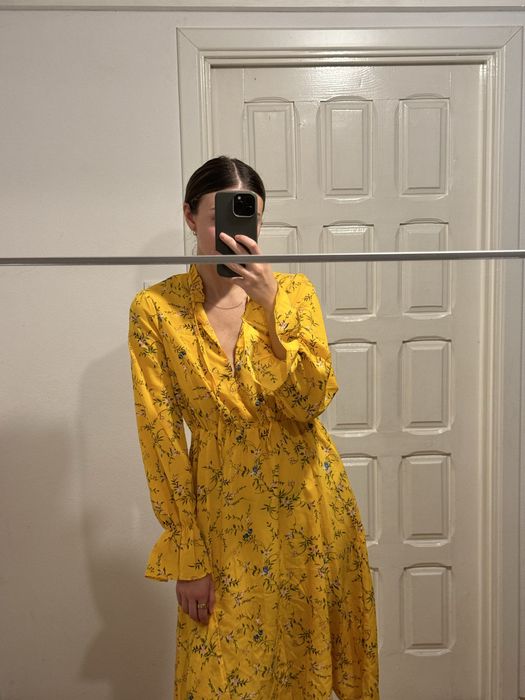 Żółta sukienka w kwiaty nowa z metką boho S 36 długi rękaw falbanki