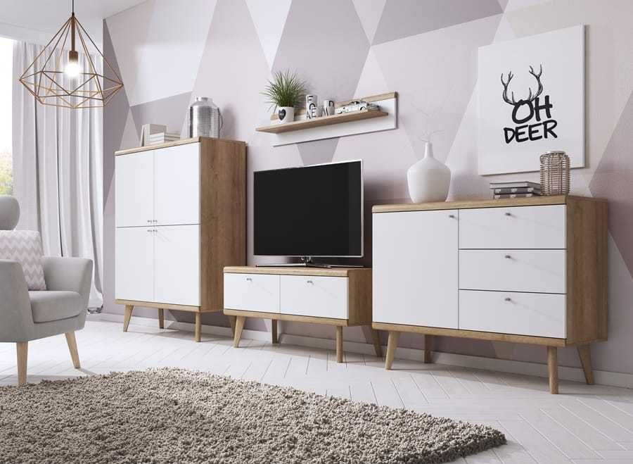 Meblościanka do salonu w stylu skandynawskim meble na wysokich nóżkach