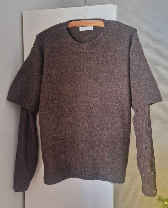 Czekoladowy Sweter koronkowy rękaw nowy