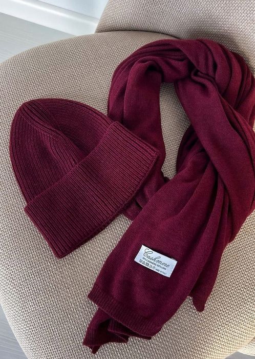 Bordowy komplet kaszmirowy czapka i szalik Cashmere