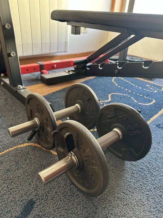 Home Gym Completo | Bench 900 + Rack + Barra + 76kg Discos + Halteres | Como Novo