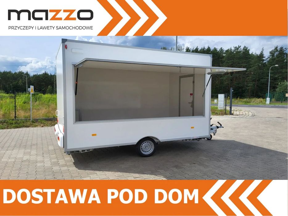Niewiadów DOSTAWA 360x203x230! Przyczepa HANDLOWA Gastronomiczna dwuosiowa H13361H Ściany z LAMINATU! Jedno okno Koła 13C!  Przyczepa gastronomiczna długość 3,6m DMC 1300kg