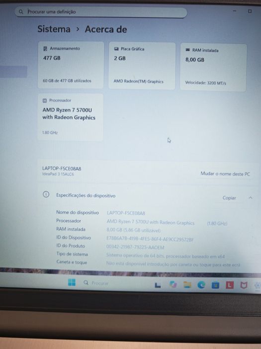 Portátil Lenovo ideapad 3 15AlC6 Ryzen 7 5700U 8GB RAM Windows 11 Home PT