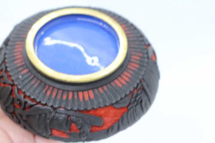 Raro Cinzeiro Laca Cinnabar Chinesa Preto e Vermelho Figuras 10 cm XIX