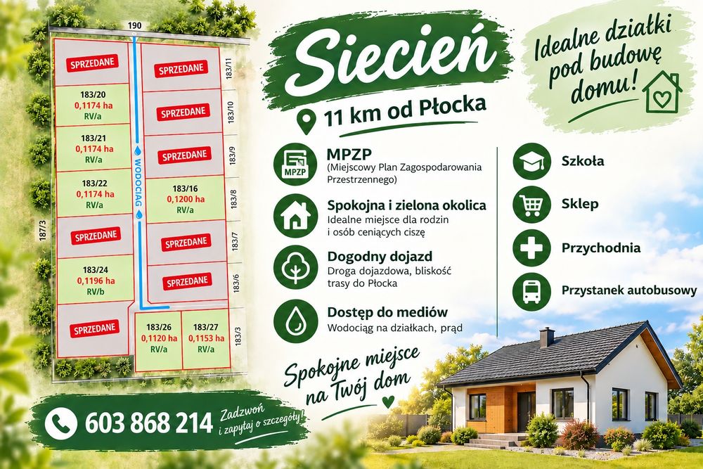 Działka budowlana blisko Płocka, MPZP, media