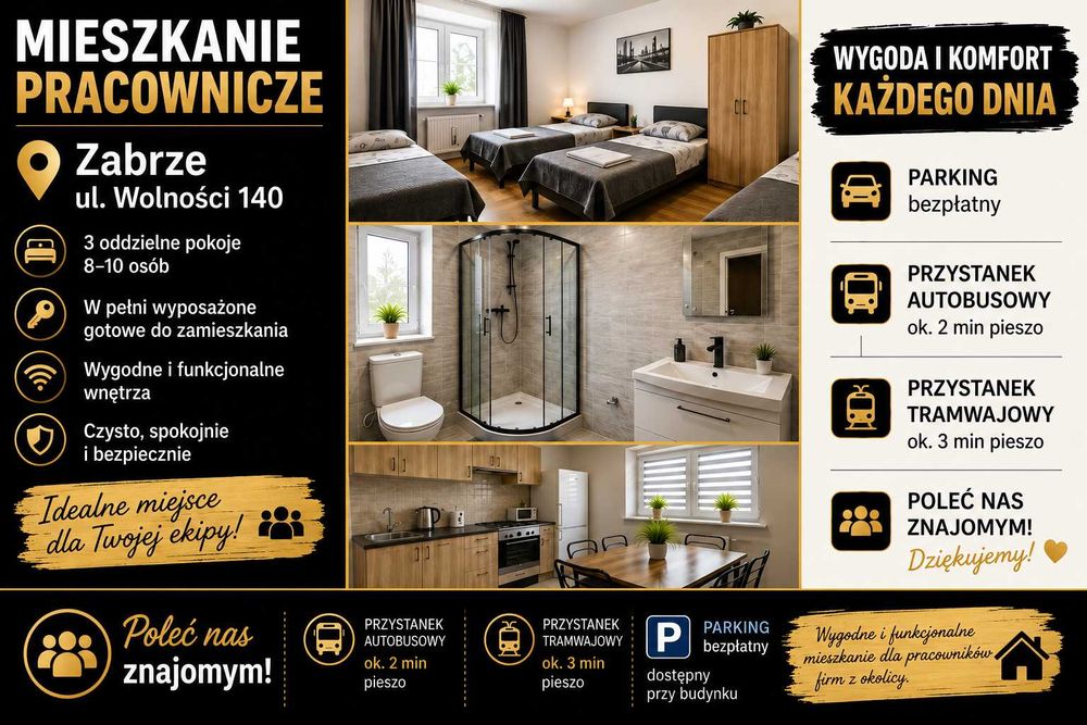 Mieszkanie dla pracowników do 10 osób ZABRZE CENTRUM | 3 pokoje | DTŚ