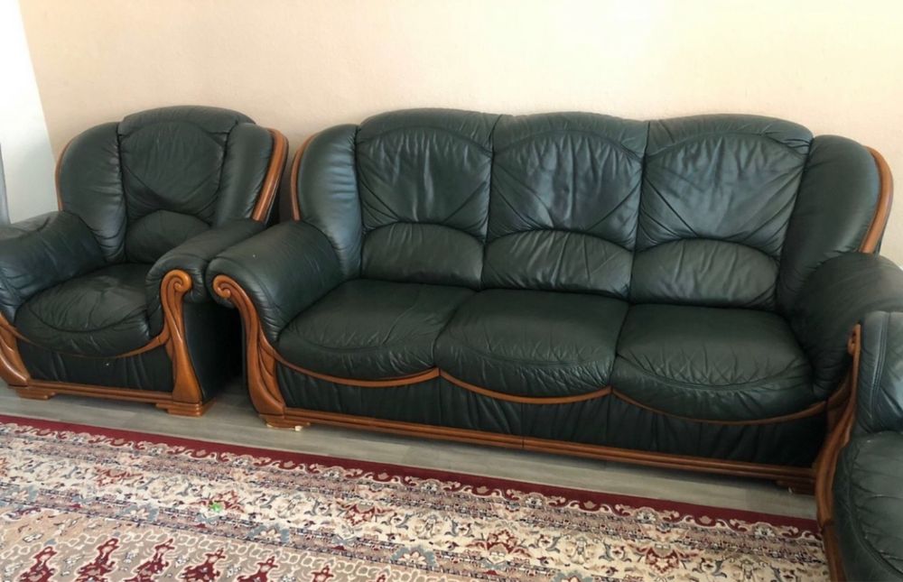 Диван шкіряний і крісло з деревом з Швейцарії