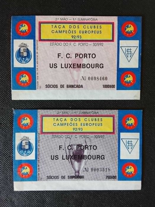Bilhetes FC Porto US Luxembourg da Taça dos Campeões Europeus.