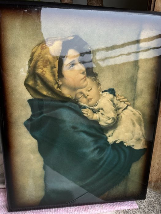 Quadro religioso em vidro – Virgem Maria com Menino Jesus