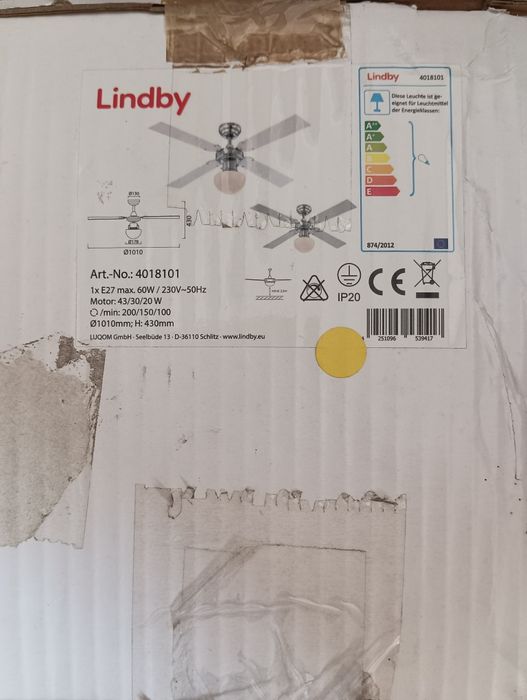 Wentylator sufitowy Lindby z oświetleniem cichy NOWY TANIO OKAZJA