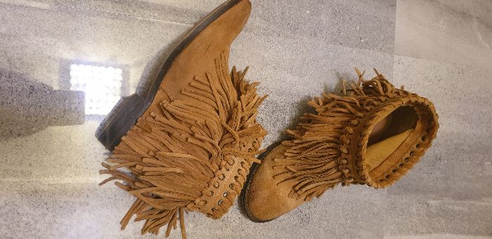 ZARA r. 36 botki skóra naruralna zamszowa camel frędzle boho kowbojki