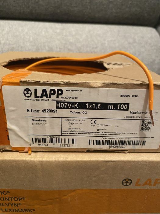 Przewod instalacyjny Kabel Lapp H07V-K 1x1.5 100 pomarańczowy