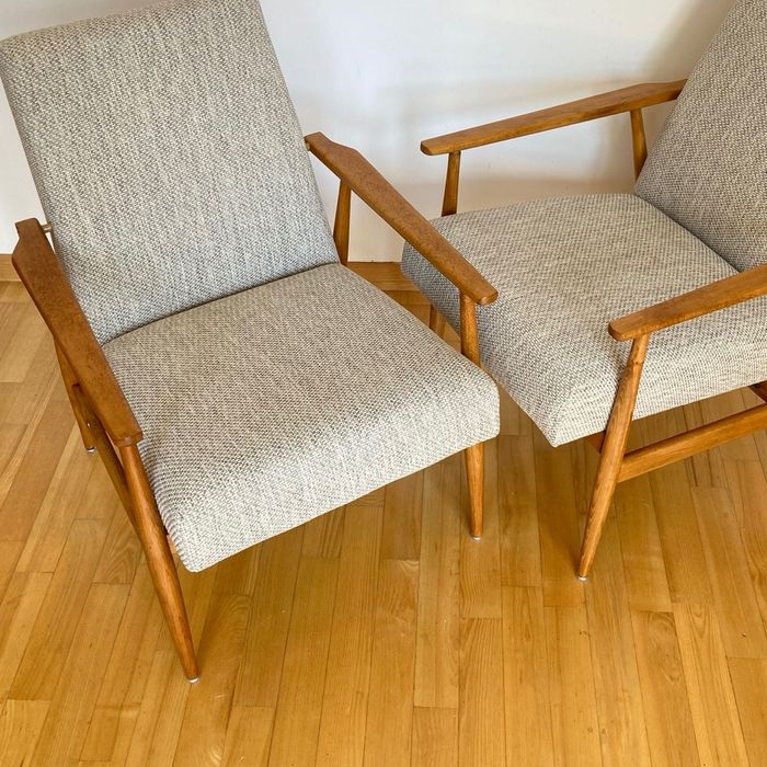 Fotel LISEK PRL klasyczny szary beżowy Jasny dąb pełna renowacja 16