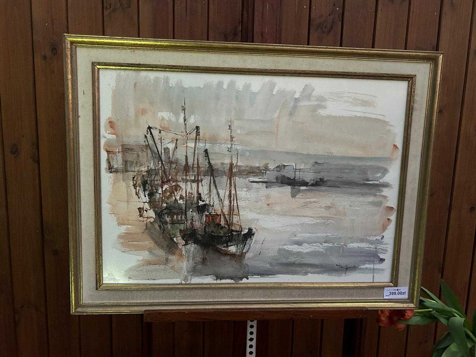 Obraz, portowy pejzaż ze statkiem, akwarela #9155 Stylowy Węgrów