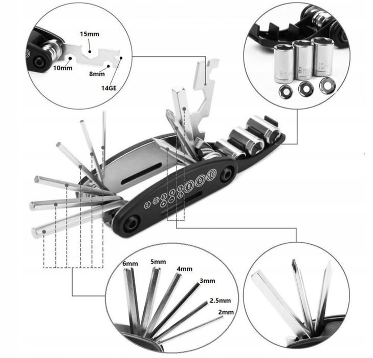 Multitool rowerowy śrubokręt imbusy klucze nasadowe do szprych
