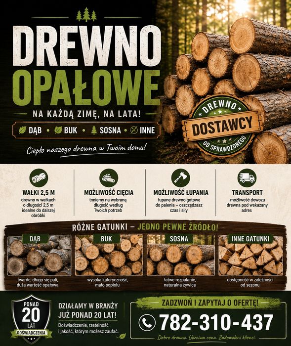 Drewno drzewo opałowe do pieca do kominka dąb brzoza buk sosna