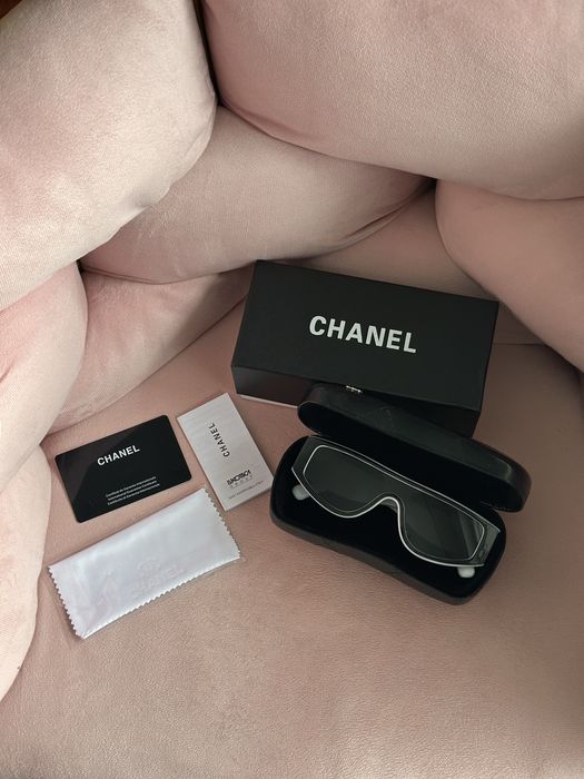 Nowe Okulary Chanel Shield Sunglasses | Biało-Czarne | Pełny Zestaw: Etui, Box, Karta | Darmowa Dostawa Paczkomat | Model 6057 Luxe