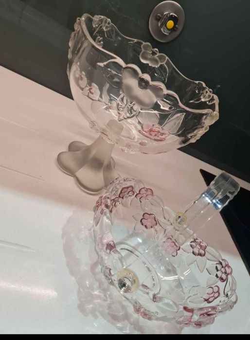 Fruteira e cesta em vidro acidado