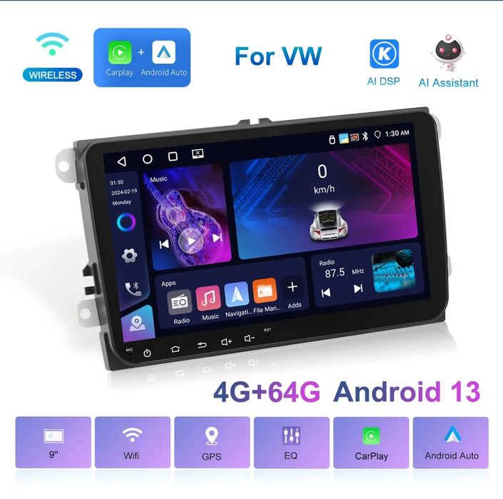 Rádio Android com Carplay 9 polegadas VW Seat Skoda 4/64GB WiFi GPS BT