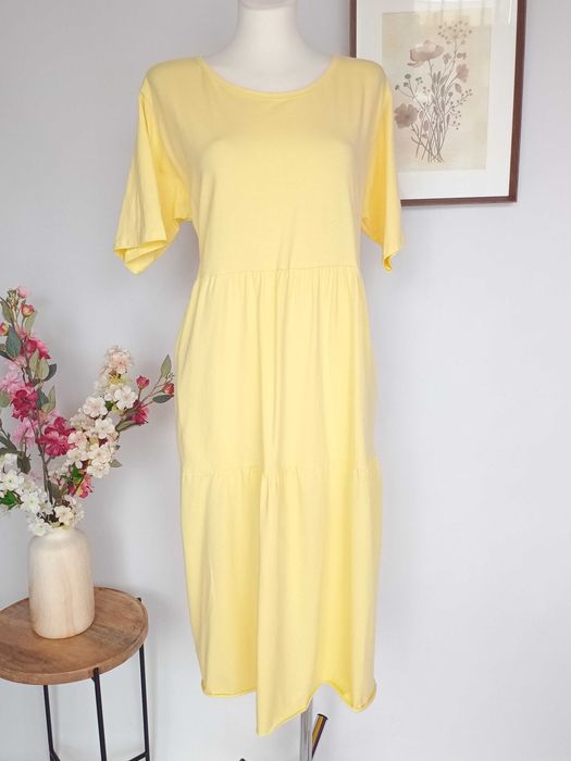 Żółta masłekowa sukienka bawełniana midi plus size 46 48 50 boho maternity kieszenie