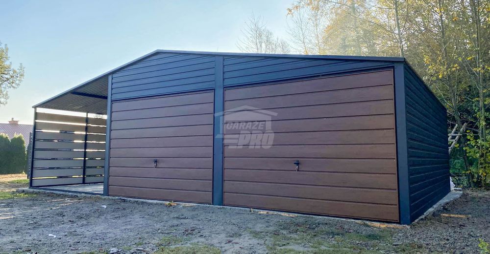 Garaż blaszany 6x6m - wiata 3m - 2x Brama   drewnopodobny GP681