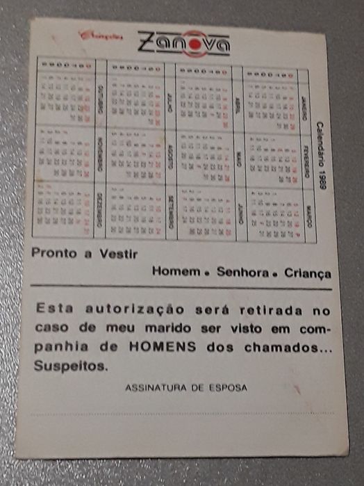 Calendário de bolso antigo e raro - 1989