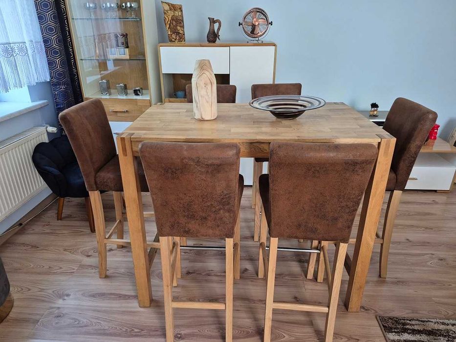 STÓŁ z drzewa DĘBOWEGO z 6 HOKERAMI odnowiony do kuchni salonu BARU