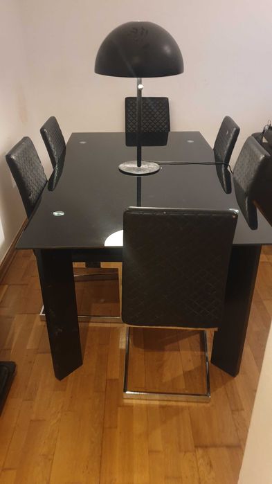 Mesa de jantar vidro preto 180x100 + 6 cadeiras (Massamá)