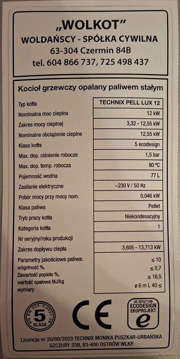 Kocioł piec 12kW pellet 5klasa WOLKOT dotacja kotły Technix