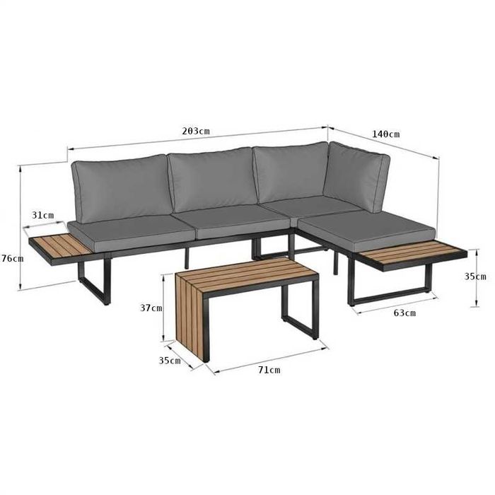 Meble Ogrodowe Aluminiowe Narożnik Zestaw Modułowy Drewno Szary Taras