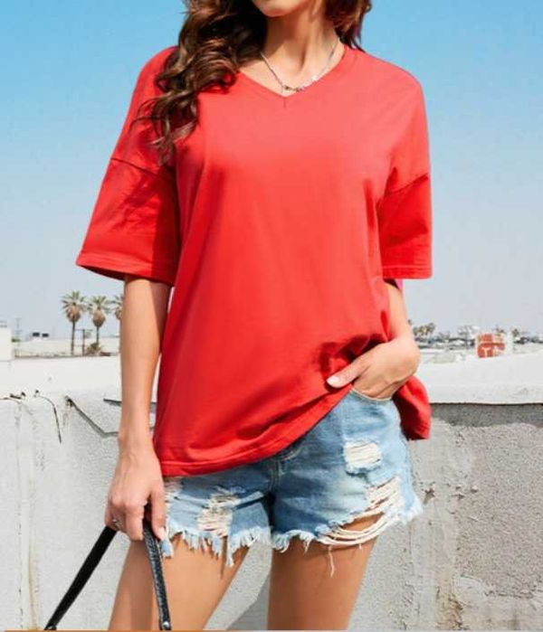 Heekpek T-shirt damski oversize V-neck bawełna S czerwony