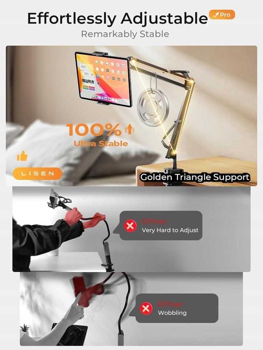 LISEN Uchwyt na tablet 4–13'' do łóżka/biurka, regulowany, PRO Stable