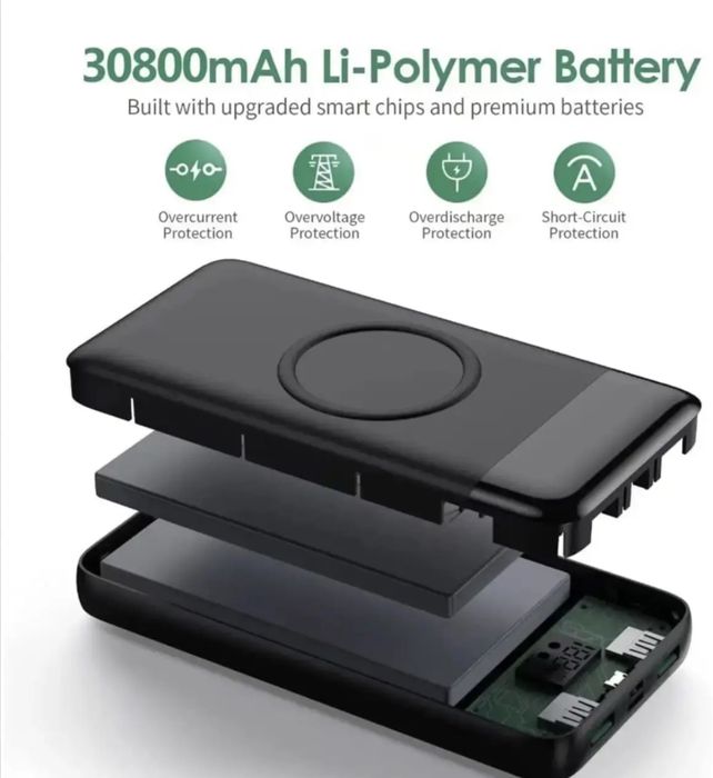 Power Bank black FOCHEW 30800mAh PD, QC 4.0, Qi бездротове заряджання