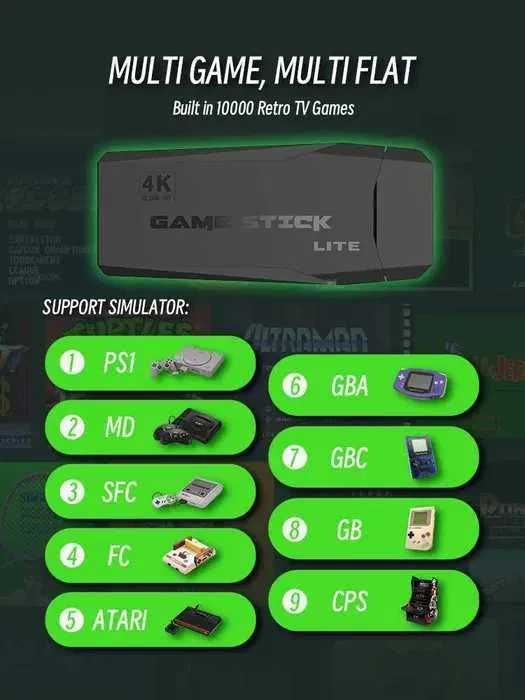 Consola Retro Game Stick 4K Lite – 10.000 Jogos + 2 Comandos Wireless