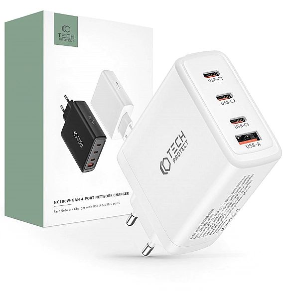Tech-Protect Nc100W-Gan 4-Port Network Charger Pd100W/Qc3.0 White