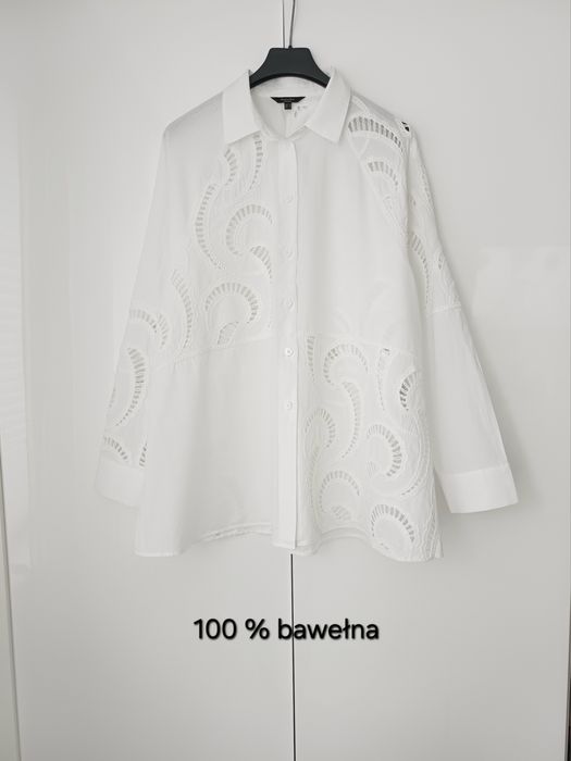 Massimo Dutti 100% bawełna biała koszula ażurowa haft angielski z długim rękawem oversize