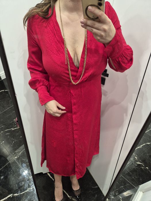 Czerwona sukienka maxi wiskoza elegancka wizytowa H&M 38/M