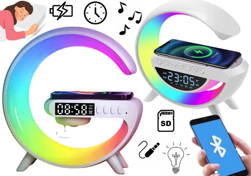 Lampka LED RGB Głośnik Ładowarka INDUKCYJNA Zegar Budzik Głośnik
