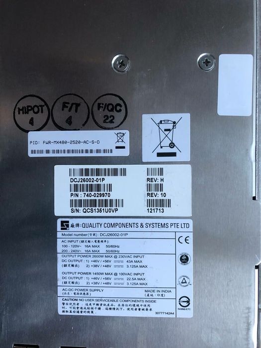 Блок питания Juniper. FWR-MX480-2520-AC-S-D