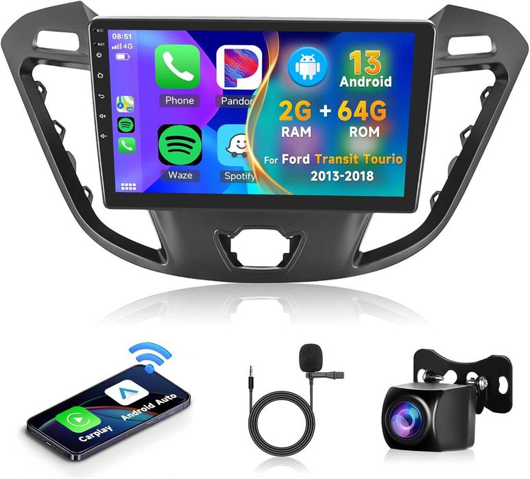 Radio samochodowe 2G + 64G Wireless Carplay Android 13 2 DIN do Forda Transita Custom Tourneo 2013-2018 9-calowe z nawigacją samochodową GPS WiFi