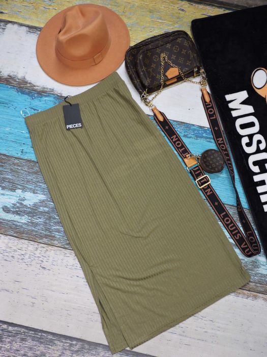 Pieces Nowa spódnica midi khaki rozporek M