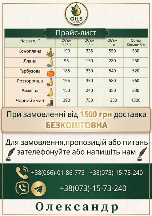 Олія  Конопляна, Лляна, Розторопші, Гарбузова, Чорного Кмину, Рижія