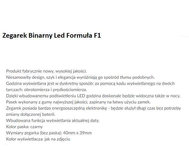 Absolutny hit - zegarek binarny LED "Formuła F1 "